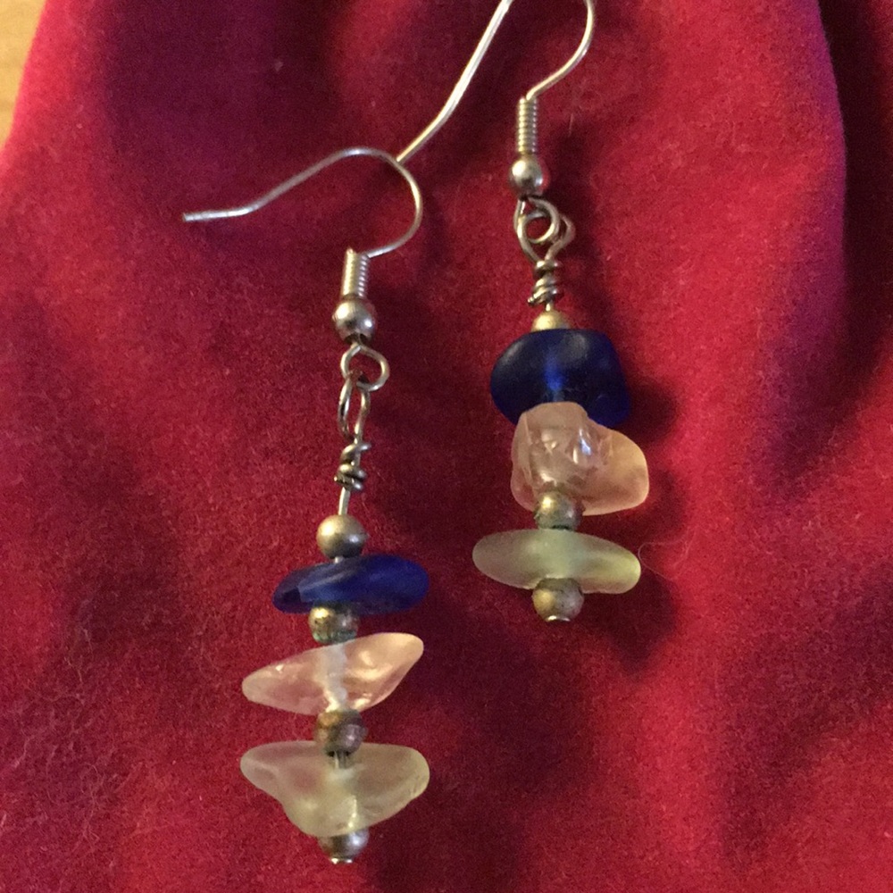 Blue, Turquoise & Clear Beach Glass Earrings